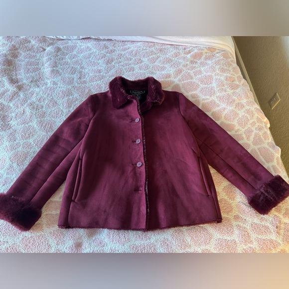 Coaco New York womens burgundy coat faux fur lined trim size S. - Picture 1 of 13